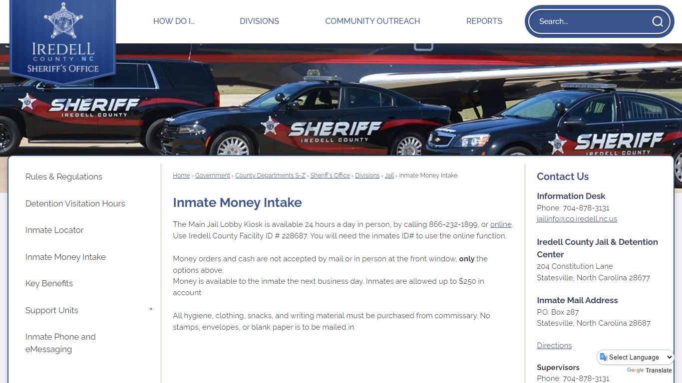 Inmate Money Intake | Iredell County, NC